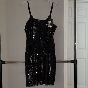 Express Black Sequin Cinch Waist Dress